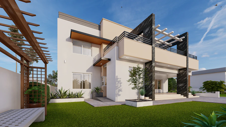 A modern two-storey house with a garden