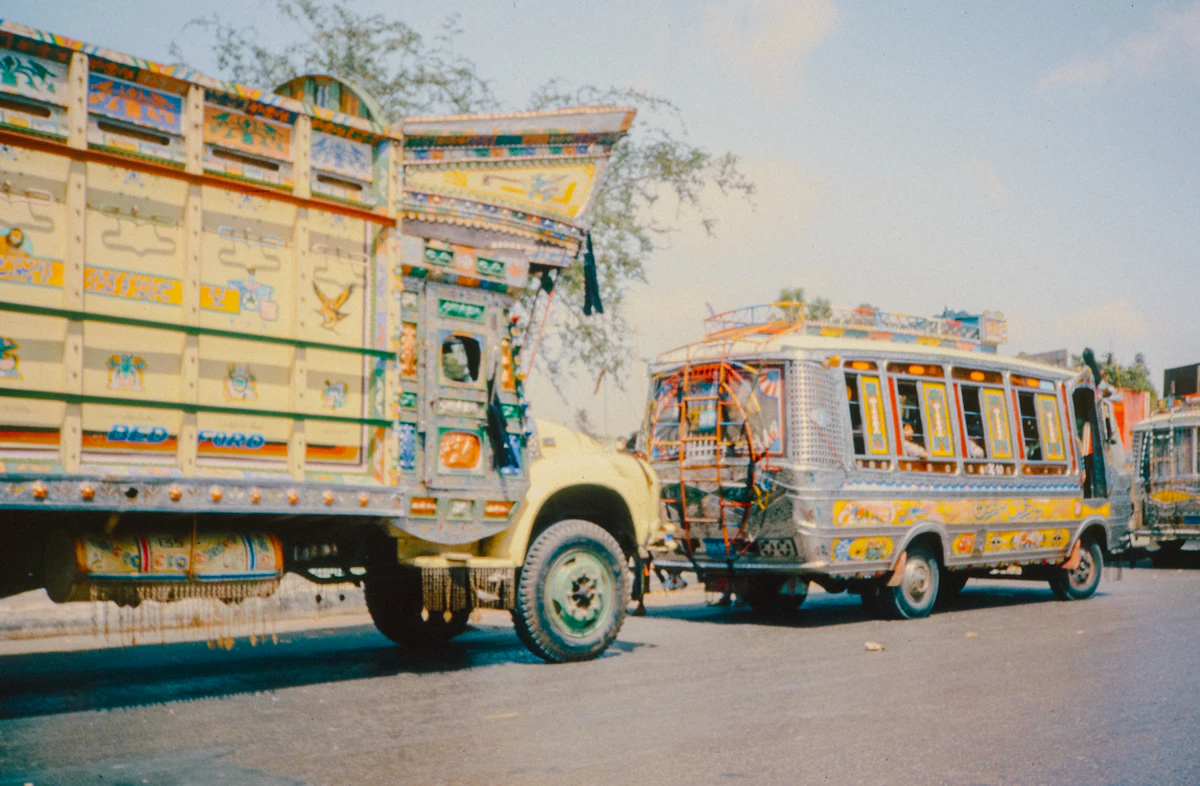 Decorated Pakistani trucks on the road